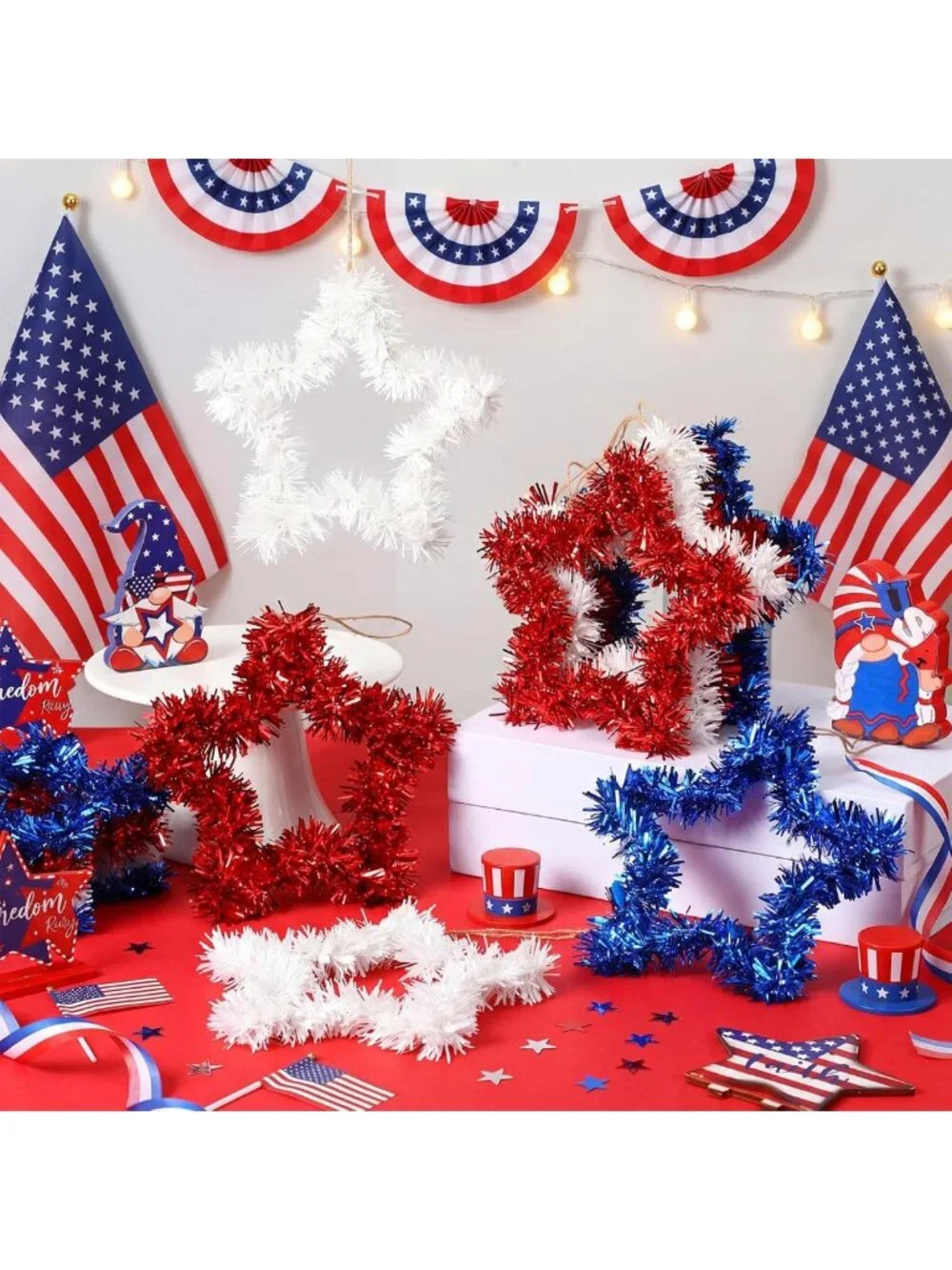 Patriotic 4th of July Wreath for Front Door - 12 Pcs Star Tinsel Decor